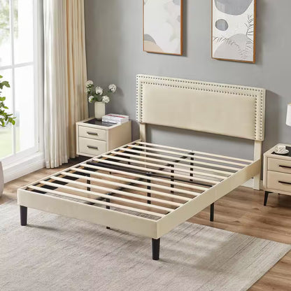 Queen Upholstered Platform Bed Frame – Adjustable Headboard, No Box Spring Needed, Beige