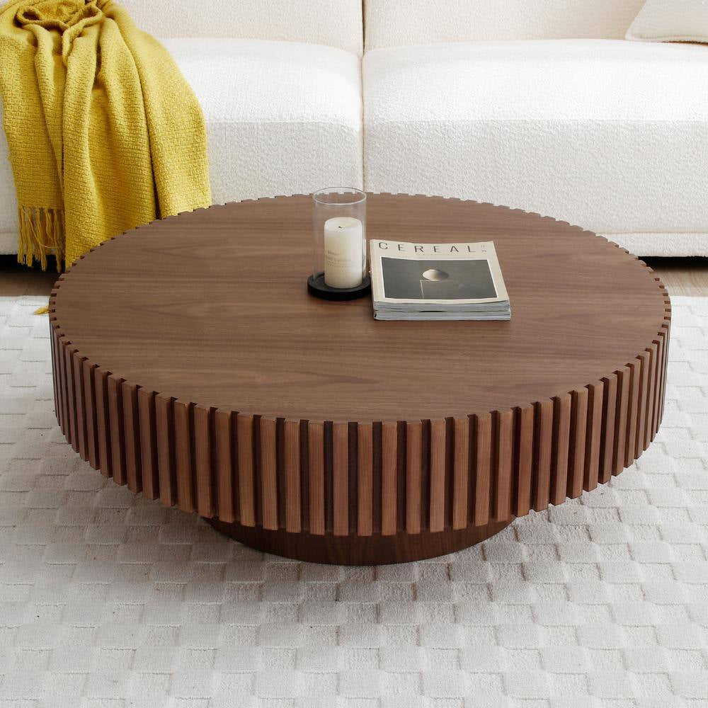 31.49" Round Walnut Drum Coffee Table – Modern Handcrafted Wood-Look Accent Table
