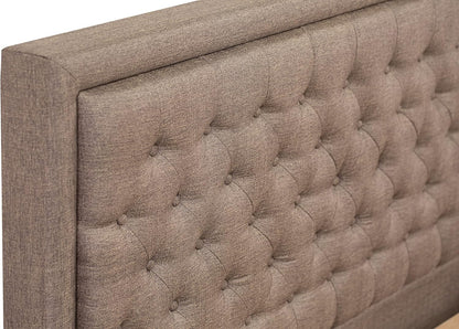 **KDF-18-Q Queen Platform Bed Frame – Brown Linen Upholstered Button-Tufted Headboard with Black Legs**