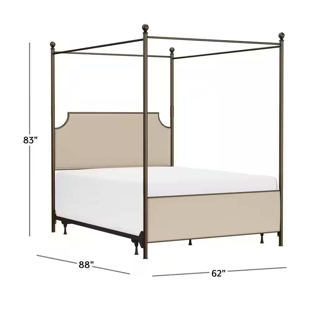 McArthur Queen Canopy Bed – Bronze Metal Frame with Upholstered Headboard