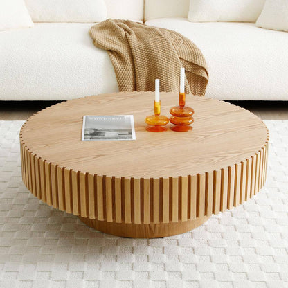 **31.49" Round Natural Drum Coffee Table – Modern Handcrafted Wood-Look Accent Table**