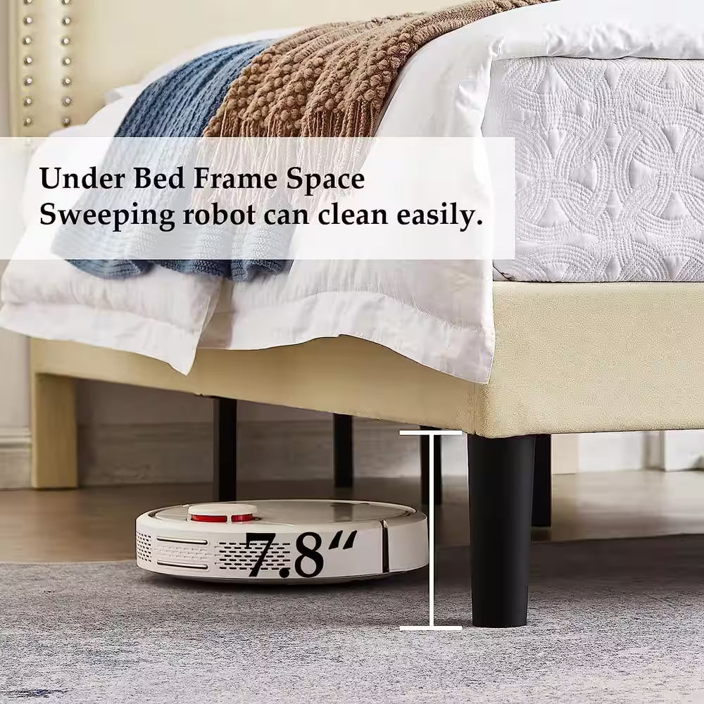 Queen Upholstered Platform Bed Frame – Adjustable Headboard, No Box Spring Needed, Beige