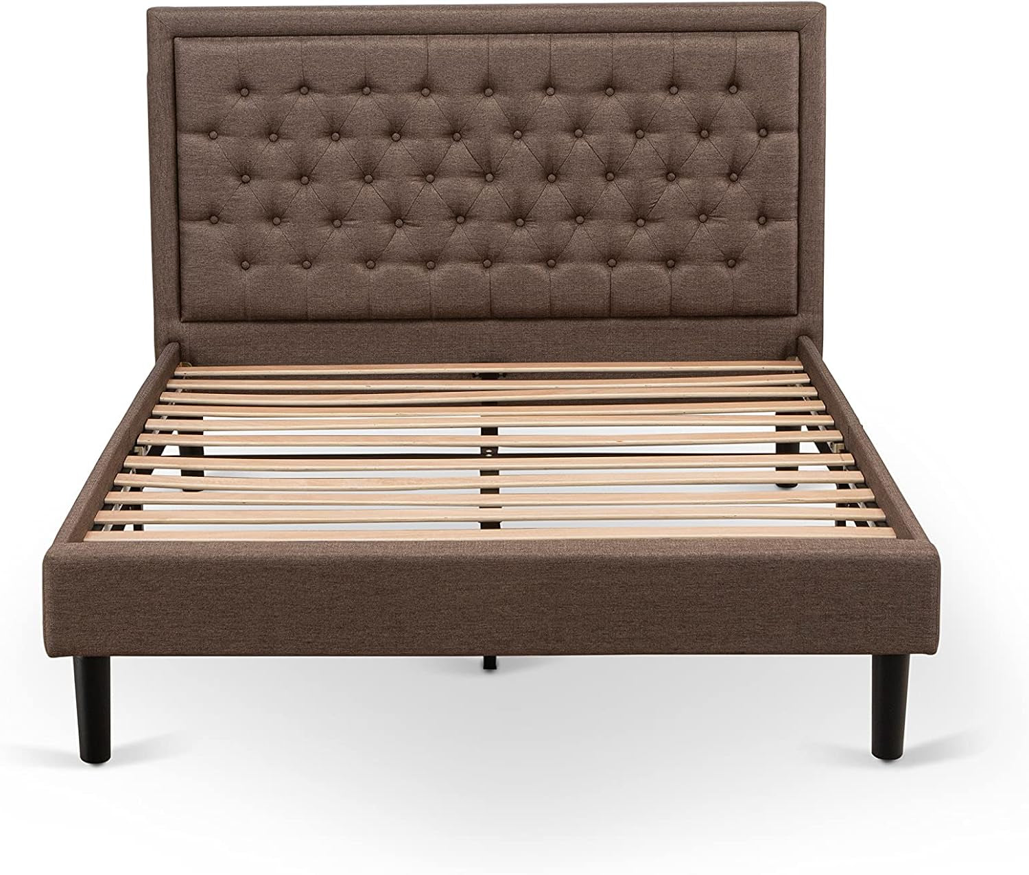 **KDF-18-Q Queen Platform Bed Frame – Brown Linen Upholstered Button-Tufted Headboard with Black Legs**