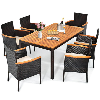 7-Piece Outdoor Patio Dining Set – Rattan Table & 6 Chairs with Umbrella Hole