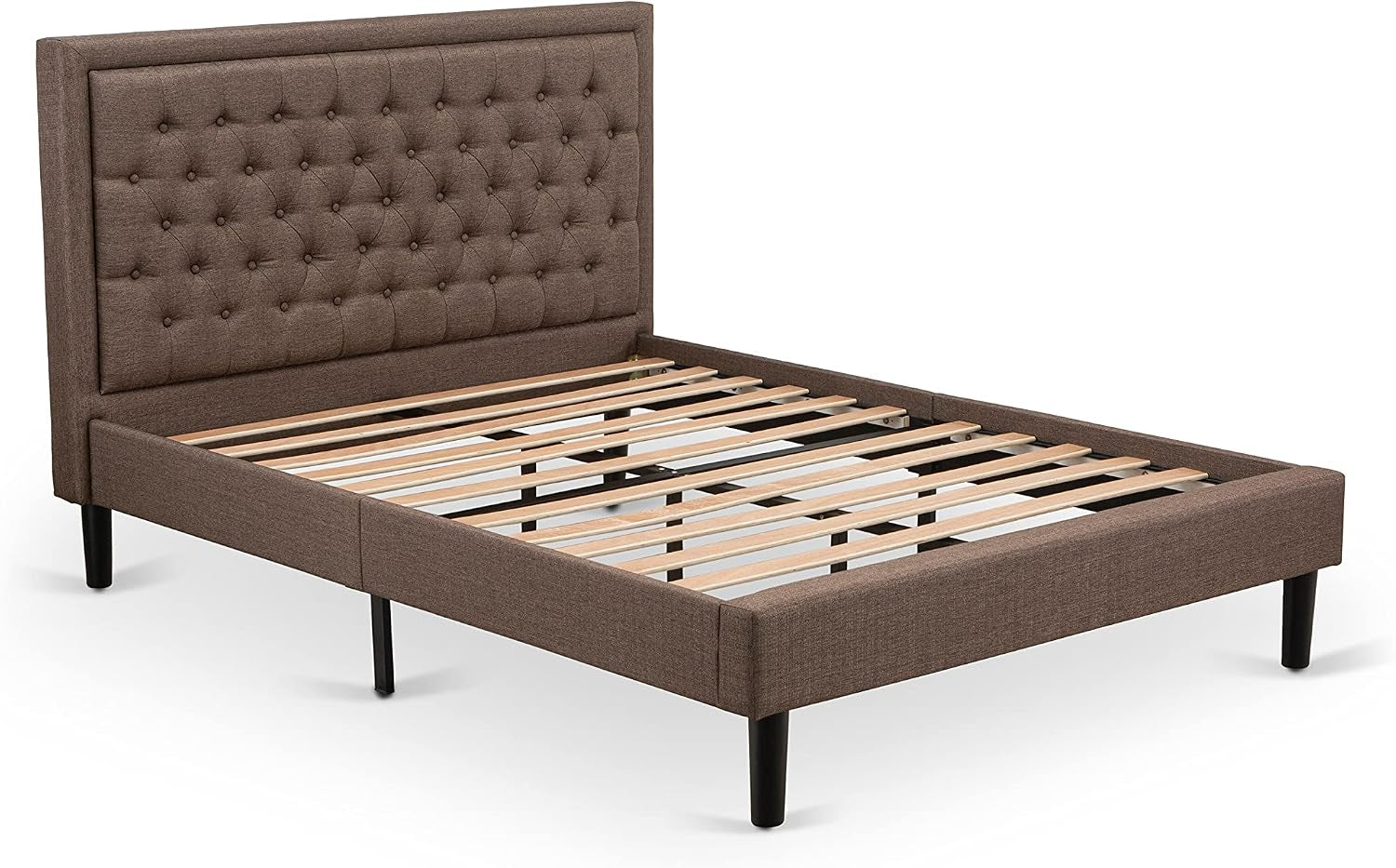 **KDF-18-Q Queen Platform Bed Frame – Brown Linen Upholstered Button-Tufted Headboard with Black Legs**