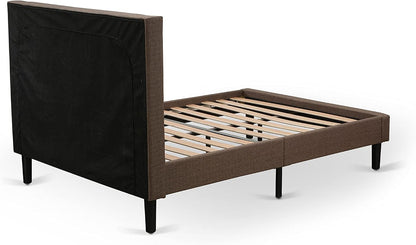 **KDF-18-Q Queen Platform Bed Frame – Brown Linen Upholstered Button-Tufted Headboard with Black Legs**