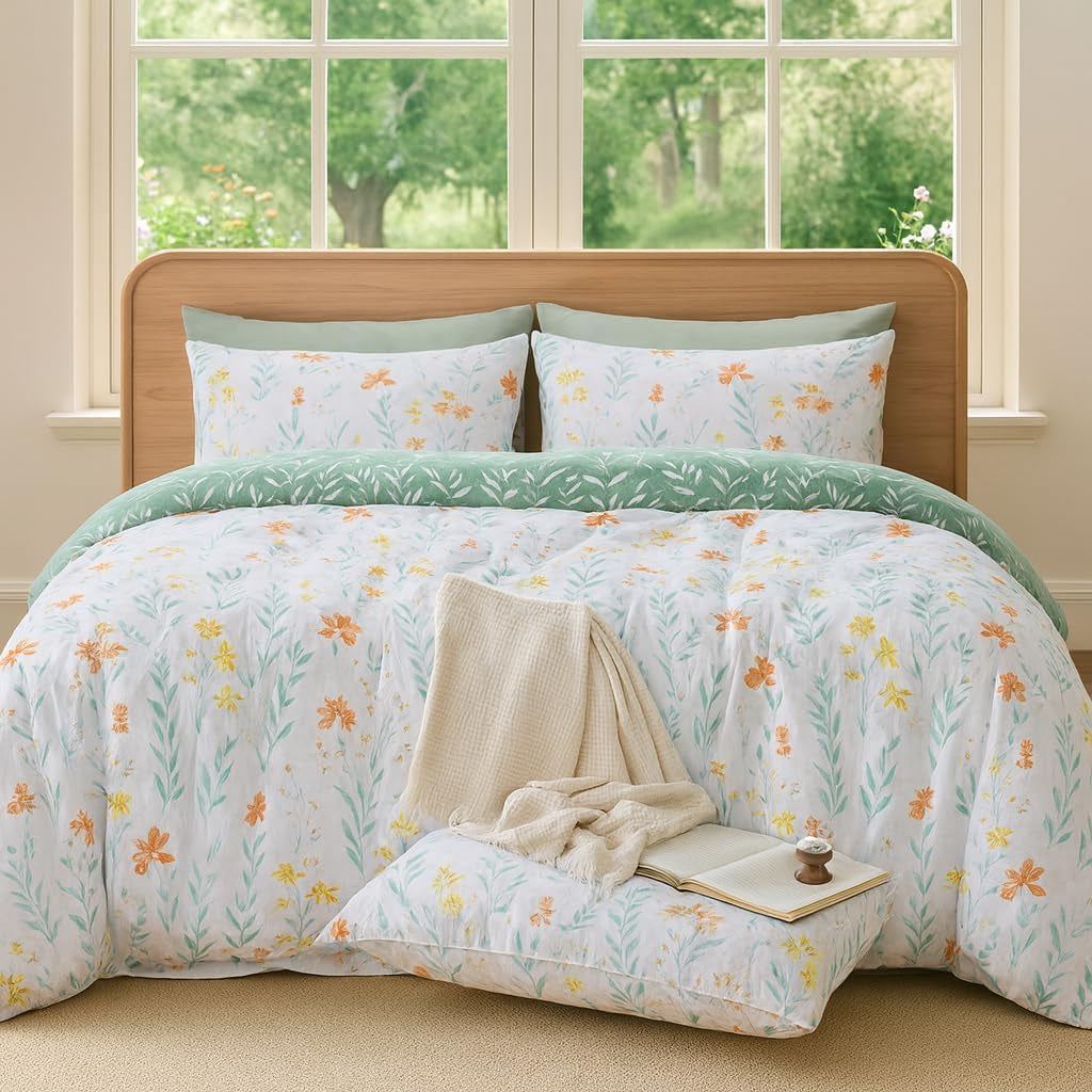 **3-Piece Queen Floral Duvet Cover Set – Reversible Green Botanical Bedding, Soft Cozy Farmhouse Style**