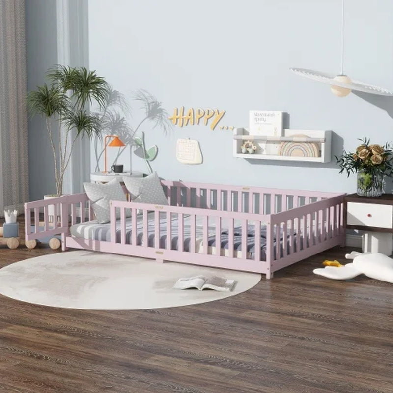 Full-Size Montessori Floor Bed – Wood Bed Frame with Door, Safety Fence & Slats, Pink