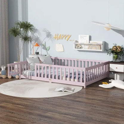 Full-Size Montessori Floor Bed – Wood Bed Frame with Door, Safety Fence & Slats, Pink