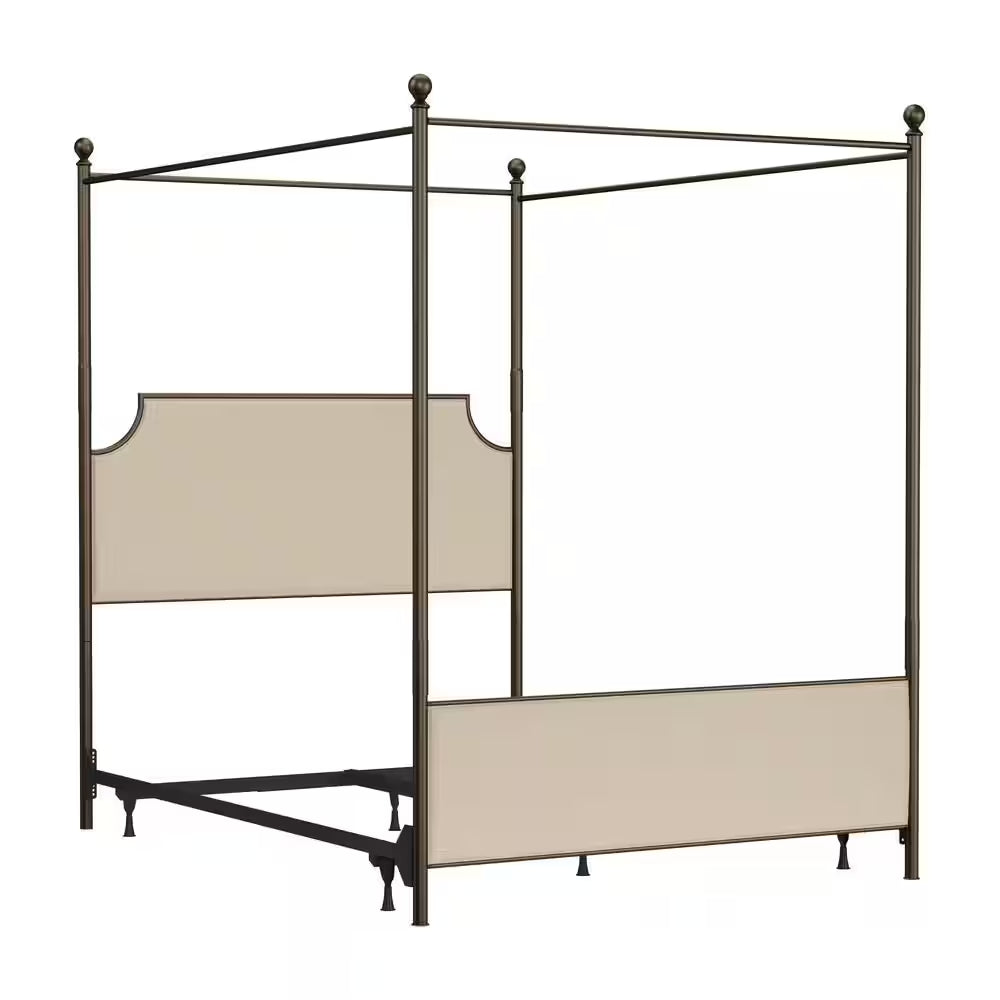 McArthur Queen Canopy Bed – Bronze Metal Frame with Upholstered Headboard