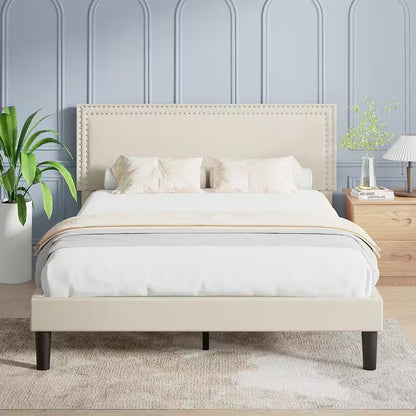 Queen Upholstered Platform Bed Frame – Adjustable Headboard, No Box Spring Needed, Beige