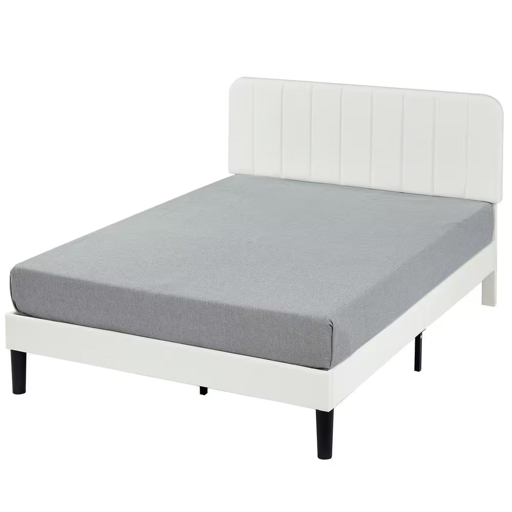 Queen Upholstered Platform Bed Frame – Adjustable Headboard & Strong Wooden Slat Support, White