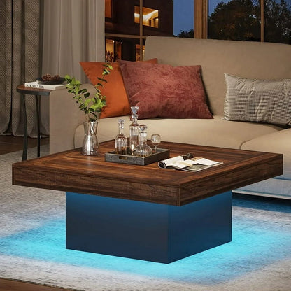 Modern Square LED Coffee Table – Rustic Brown & Black Wood Living Room Table