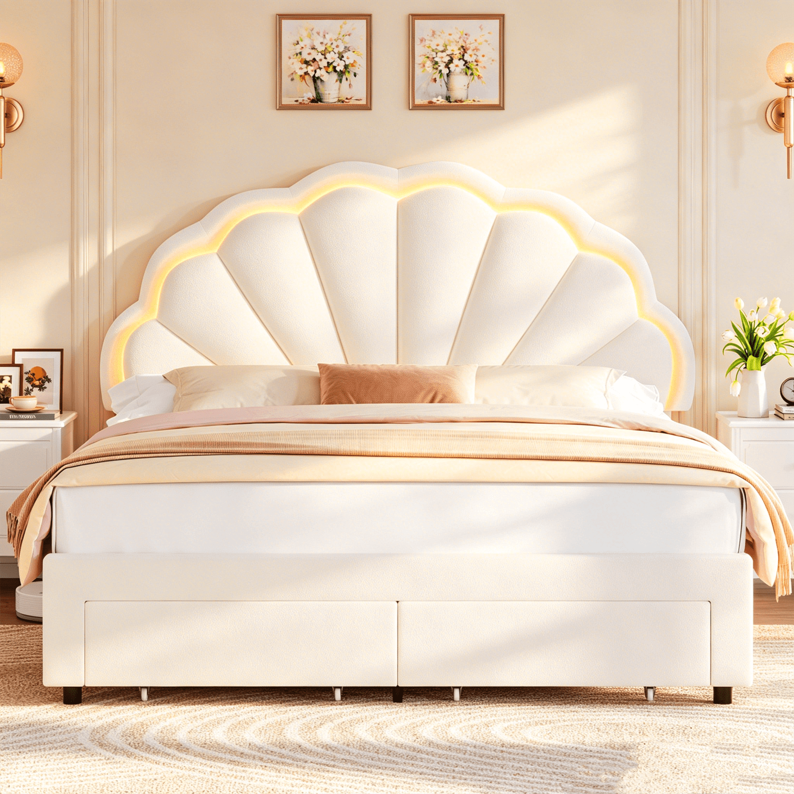 Queen Size Bed Frame with LED Lights & Storage Drawers, Upholstered Platform Bed with Adjustable Petal Headboard, off White Velvet