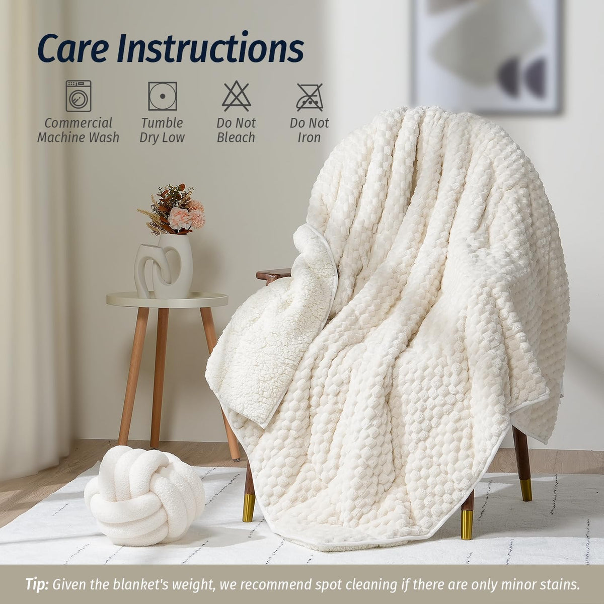Fleece Weighted Blanket for Adults 60" X 80" 15Lbs Fuzzy Blankets, White