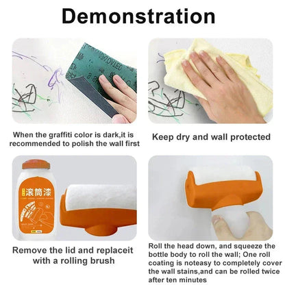 Wall stain remover kit with roller brush, graffiti removal demo, easy clean & protect home walls