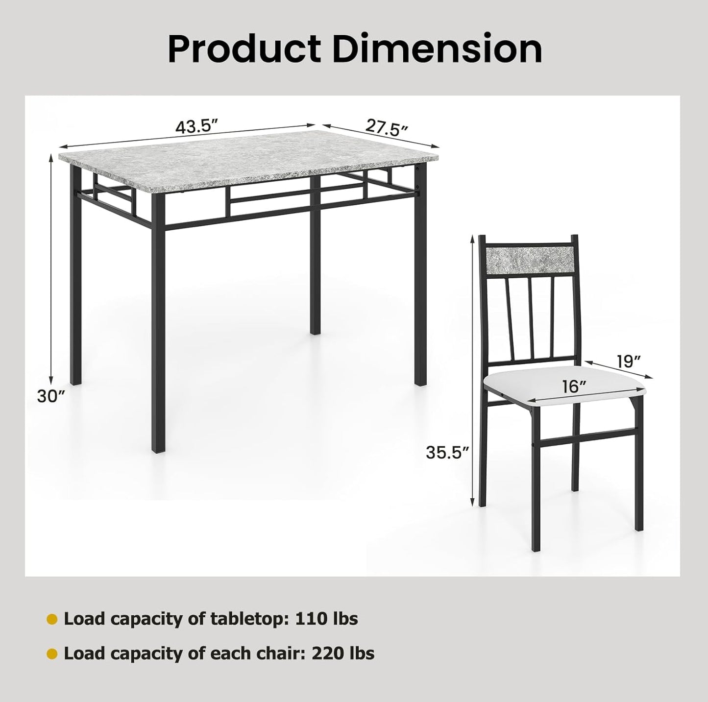 5-Piece Dining Table Set for 4 – Space-Saving Kitchen Table & 4 Padded Chairs with Metal Frame