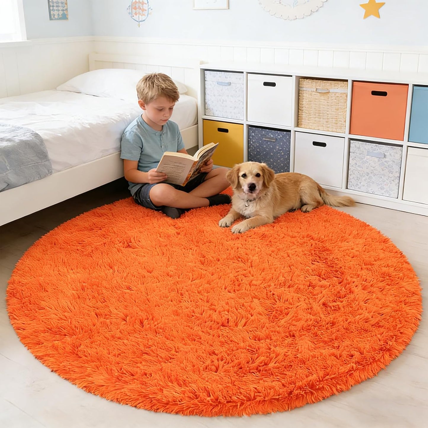 6' Round Orange Fluffy Shag Rug – Soft Cozy Area Rug for Bedroom & Home Décor