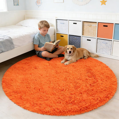 6' Round Orange Fluffy Shag Rug – Soft Cozy Area Rug for Bedroom & Home Décor