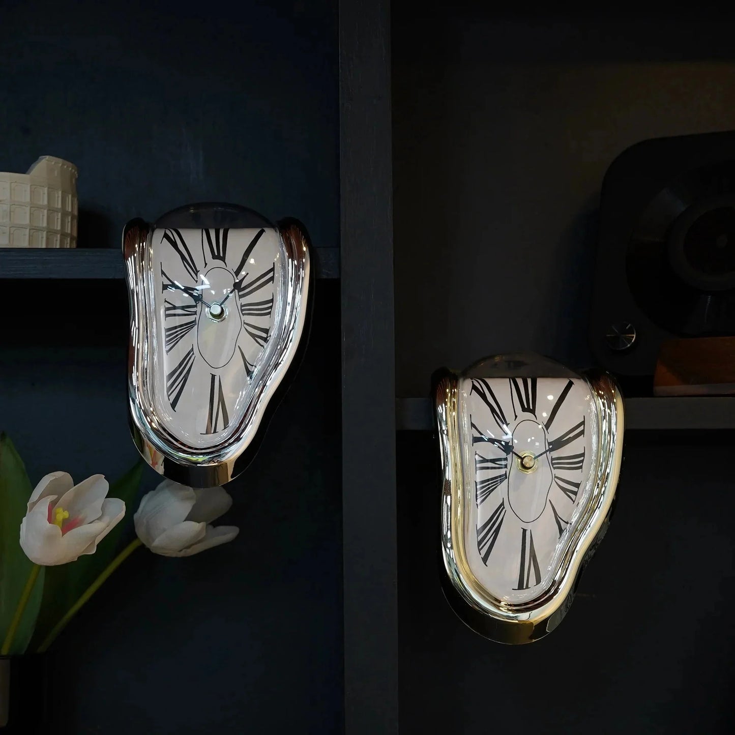 Surreal melting wall clocks with Roman numerals, modern home decor for cozy living spaces