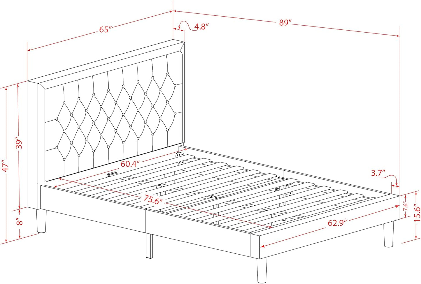 **KDF-18-Q Queen Platform Bed Frame – Brown Linen Upholstered Button-Tufted Headboard with Black Legs**