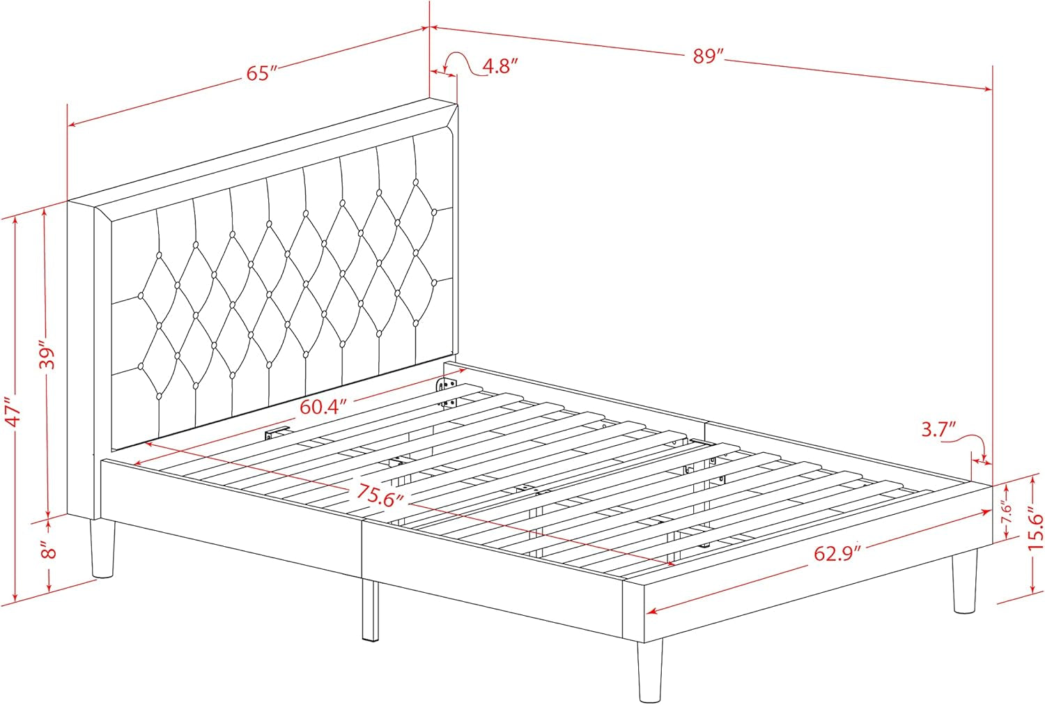 **KDF-18-Q Queen Platform Bed Frame – Brown Linen Upholstered Button-Tufted Headboard with Black Legs**