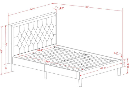 **KDF-18-Q Queen Platform Bed Frame – Brown Linen Upholstered Button-Tufted Headboard with Black Legs**