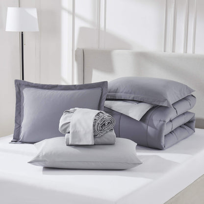 7-Piece Queen Comforter Set – Reversible Cozy Bed-in-a-Bag with Sheets, Gray