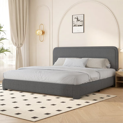 **Queen Bouclé Upholstered Bed Frame – Modern Curved Headboard, Gray**