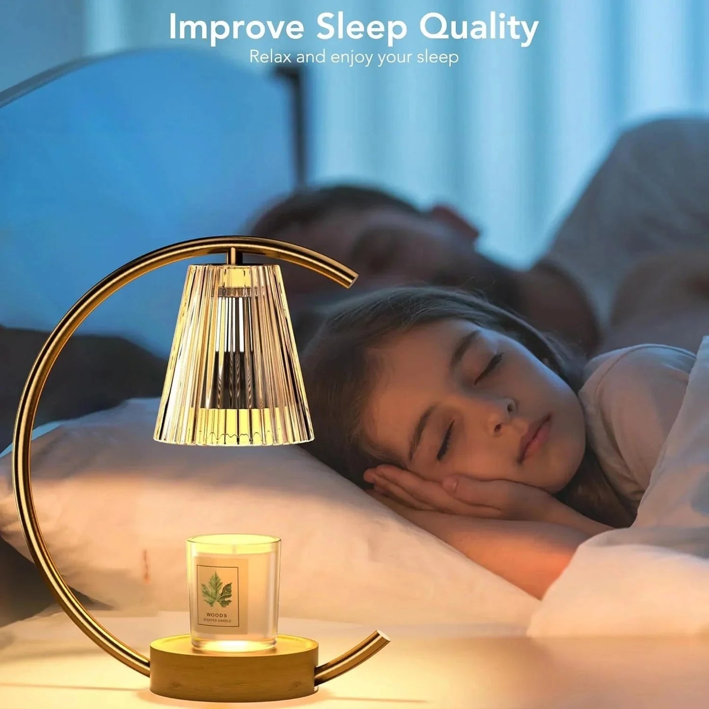 Modern gold bedside lamp with warm glow, scented candle, improving sleep quality in cozy bedroom
