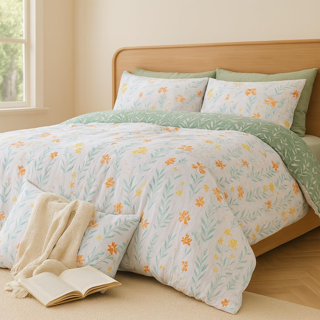 **3-Piece Queen Floral Duvet Cover Set – Reversible Green Botanical Bedding, Soft Cozy Farmhouse Style**