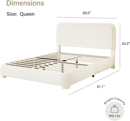 **4 Ever Queen Upholstered Bed Frame – High Curved Headboard & Soft Footboard, Cream**
