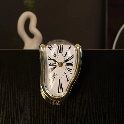 Surreal melting clock with gold frame and Roman numerals, modern home decor accent
