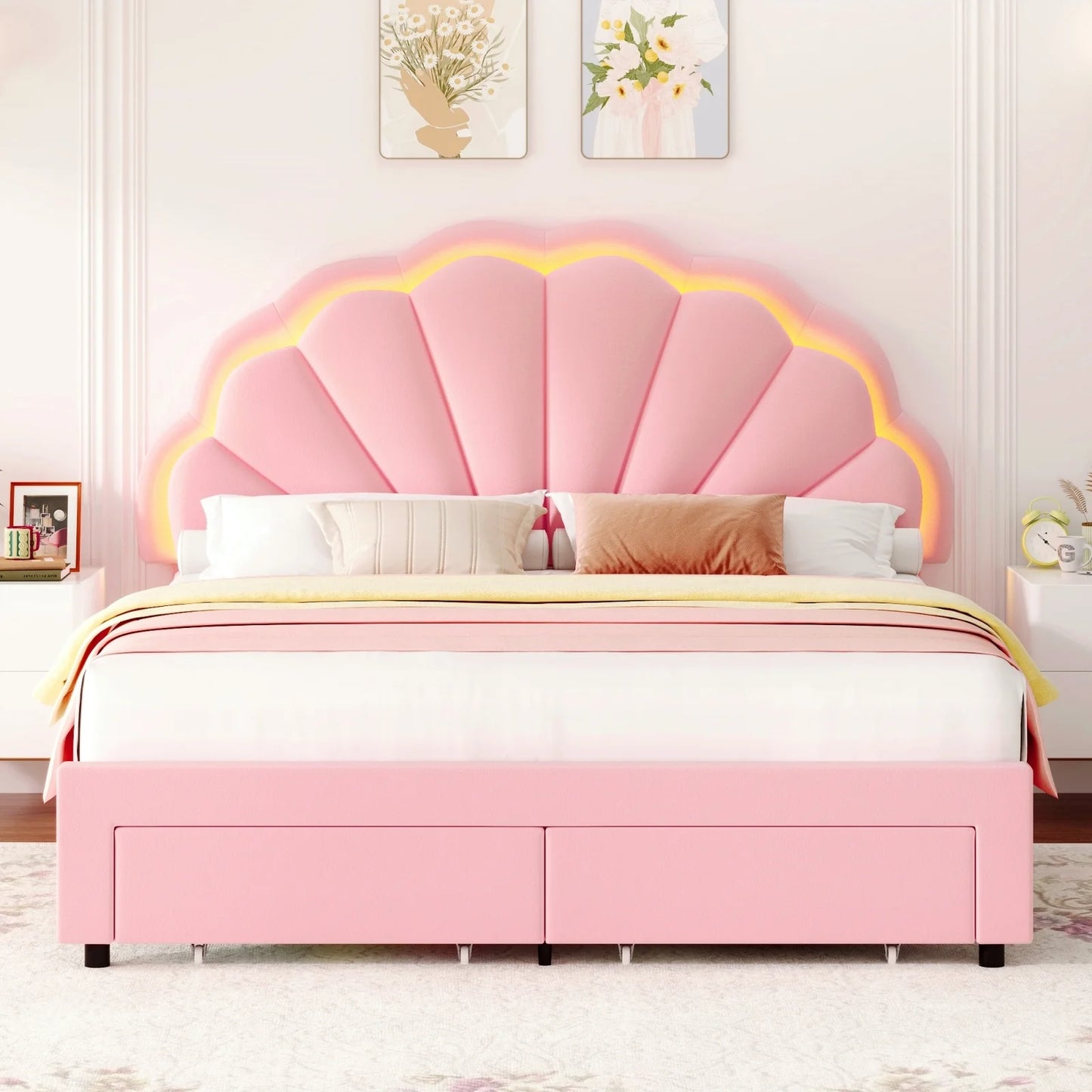 Queen Pink Velvet Bed Frame – Petal Headboard, LED Lights & Storage Drawers