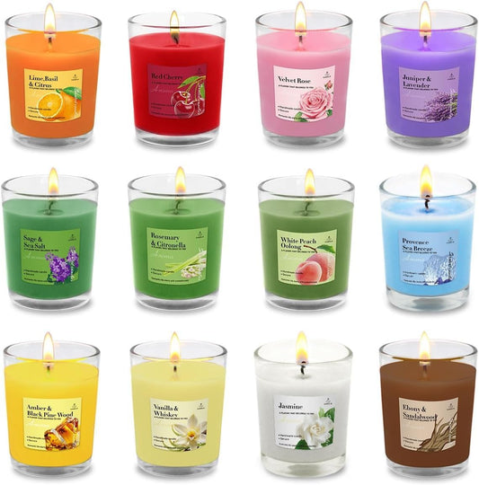 12-Pack Scented Soy Votive Candles – 12 Fragrances in Colorful Glass Jars, Gift Set for Home & Special Occasions
