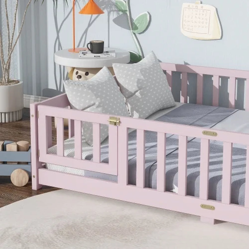 Full-Size Montessori Floor Bed – Wood Bed Frame with Door, Safety Fence & Slats, Pink