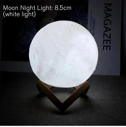 Glowing 8.5cm moon night light with white illumination on wooden stand, cozy bedroom decor