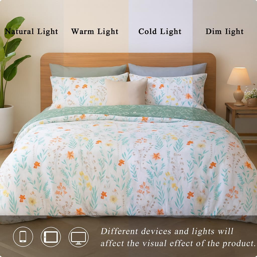 **3-Piece Queen Floral Duvet Cover Set – Reversible Green Botanical Bedding, Soft Cozy Farmhouse Style**