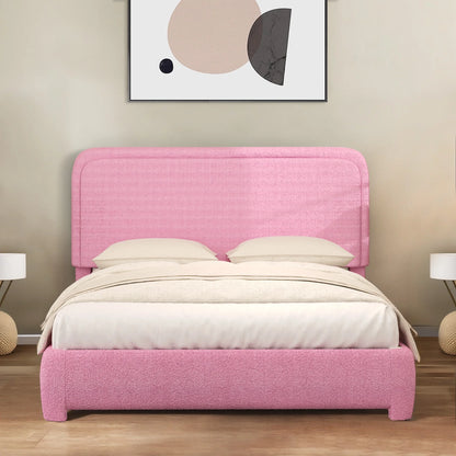 Queen Bouclé Upholstered Bed Frame – Modern Soft Curved Headboard, Pink