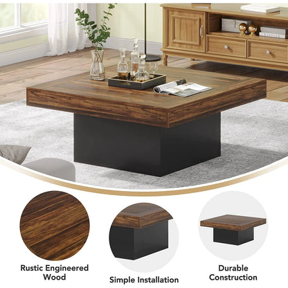 Modern Square LED Coffee Table – Rustic Brown & Black Wood Living Room Table