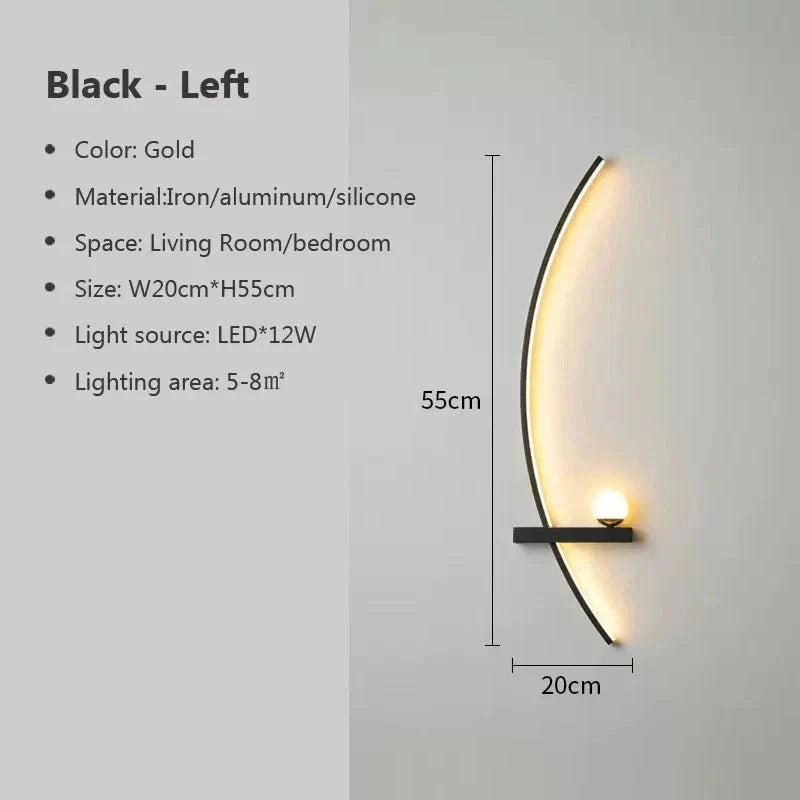 Modern gold wall sconce with LED light, 55cm tall, for living room or bedroom ambiance