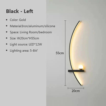 Modern gold wall sconce with LED light, 55cm tall, for living room or bedroom ambiance