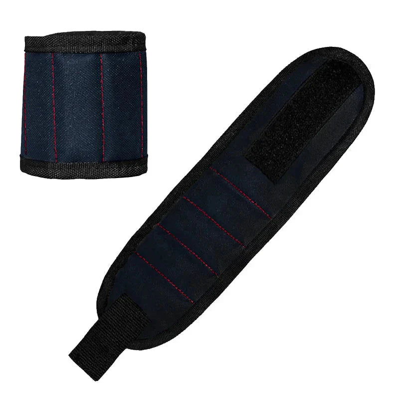 Black tool wrist strap with red stitching, adjustable Velcro closure for secure grip