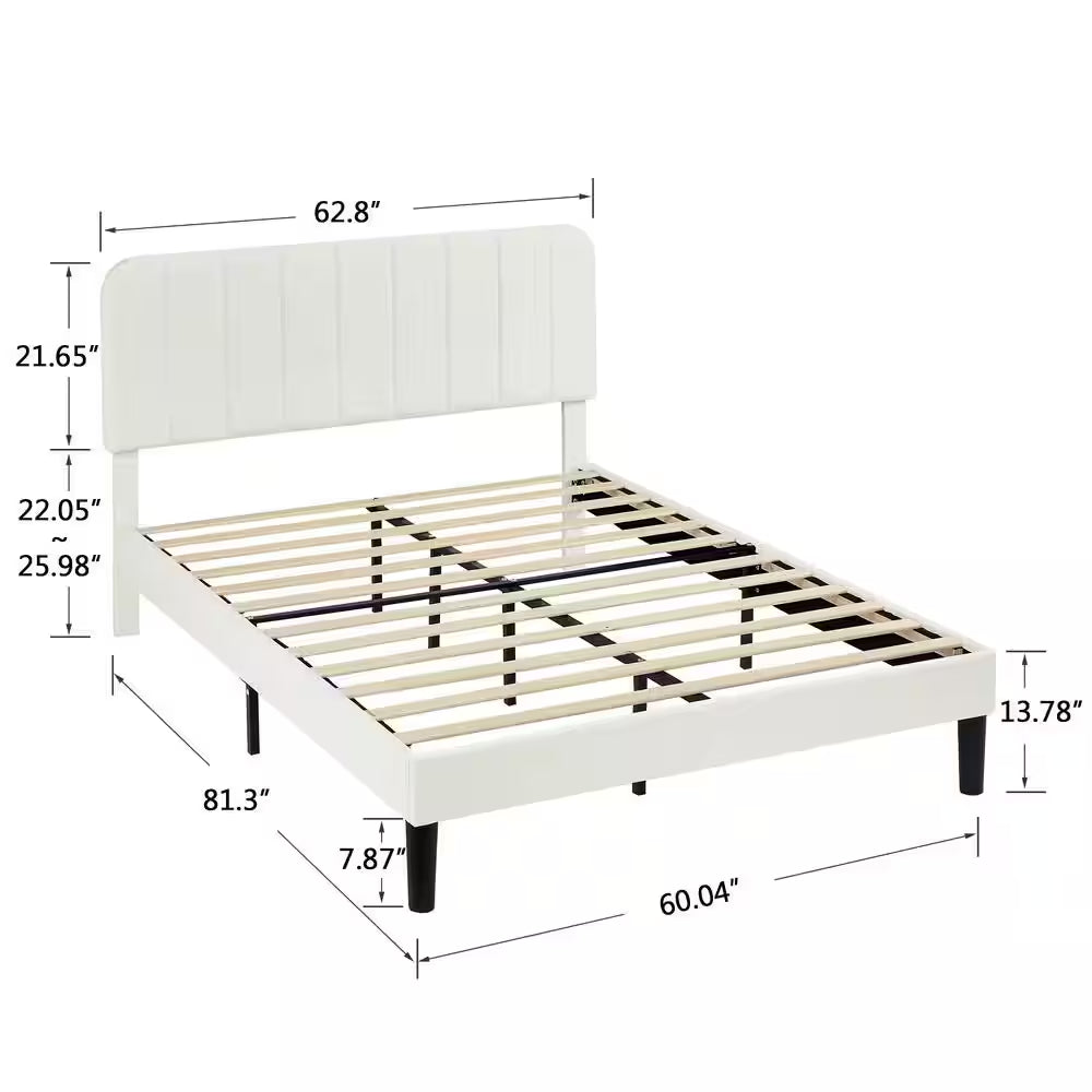 Queen Upholstered Platform Bed Frame – Adjustable Headboard & Strong Wooden Slat Support, White