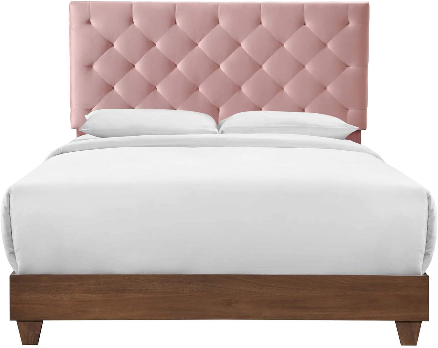 **Rhiannon Queen Velvet Bed – Diamond-Tufted Upholstered Bed Frame, Walnut & Dusty Rose**