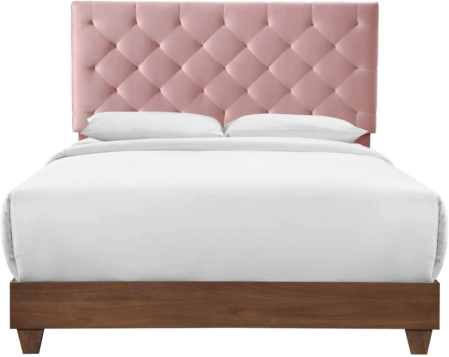 **Rhiannon Queen Velvet Bed – Diamond-Tufted Upholstered Bed Frame, Walnut & Dusty Rose**