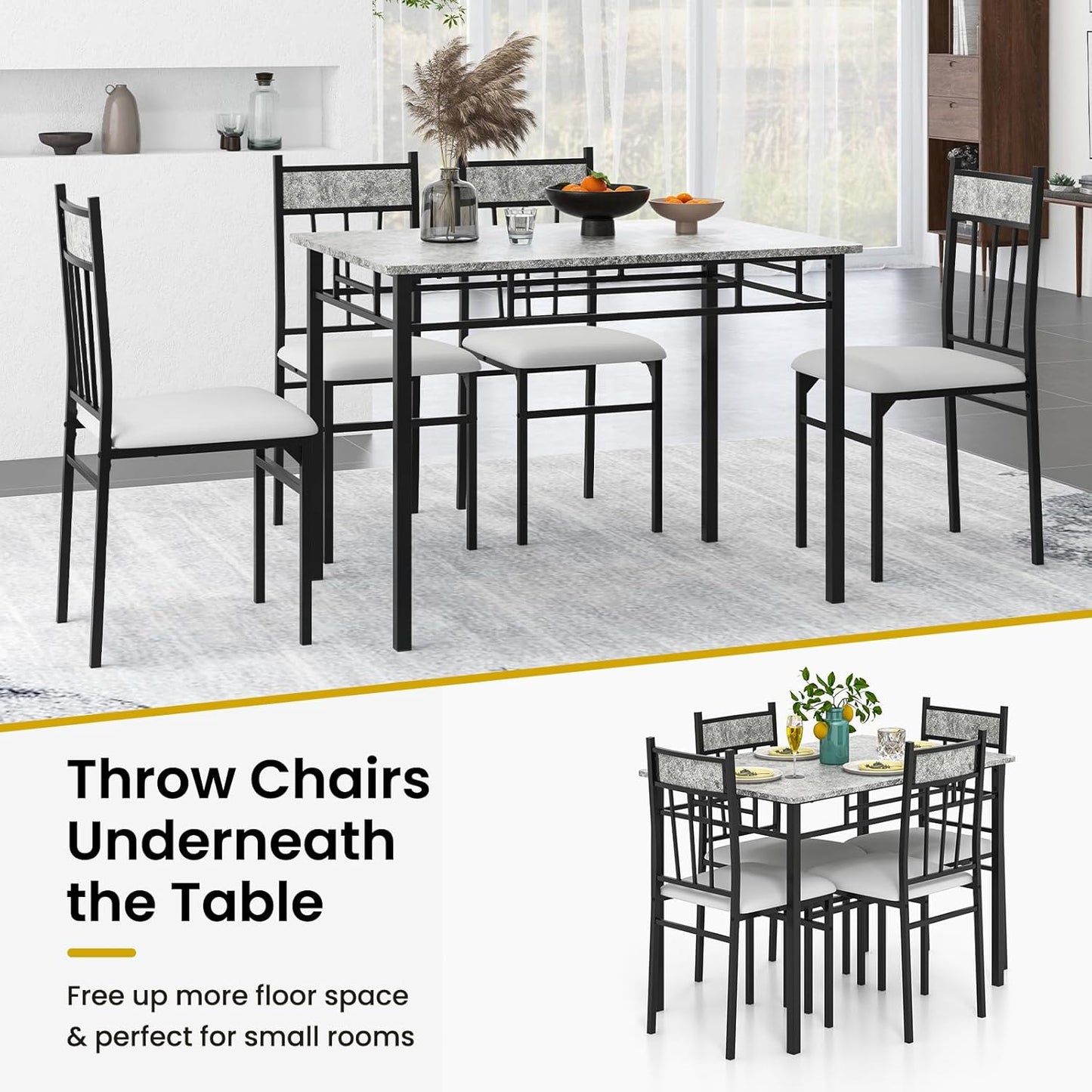 5-Piece Dining Table Set for 4 – Space-Saving Kitchen Table & 4 Padded Chairs with Metal Frame