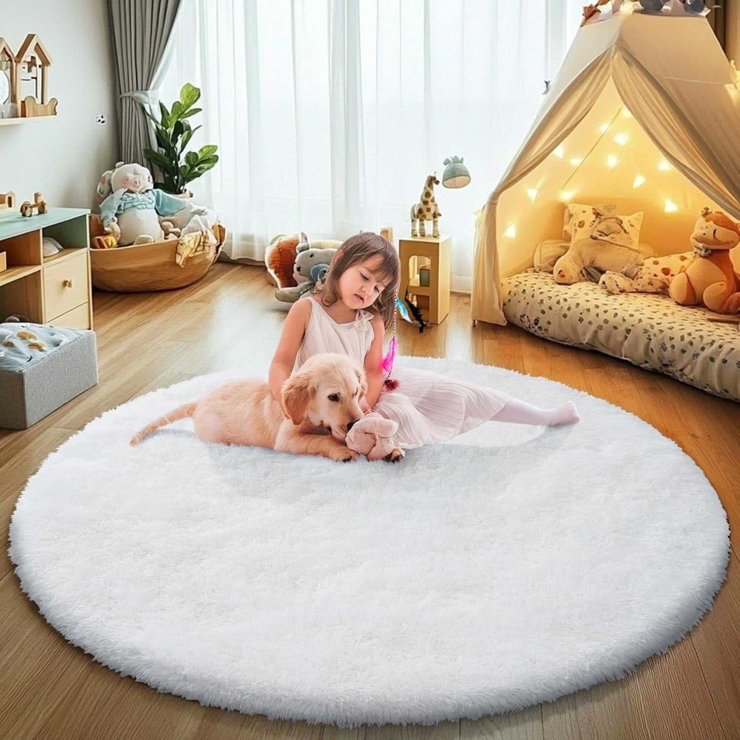 3' Round White Fluffy Shag Rug – Soft Non-Slip Cozy Area Rug for Bedroom & Home Décor