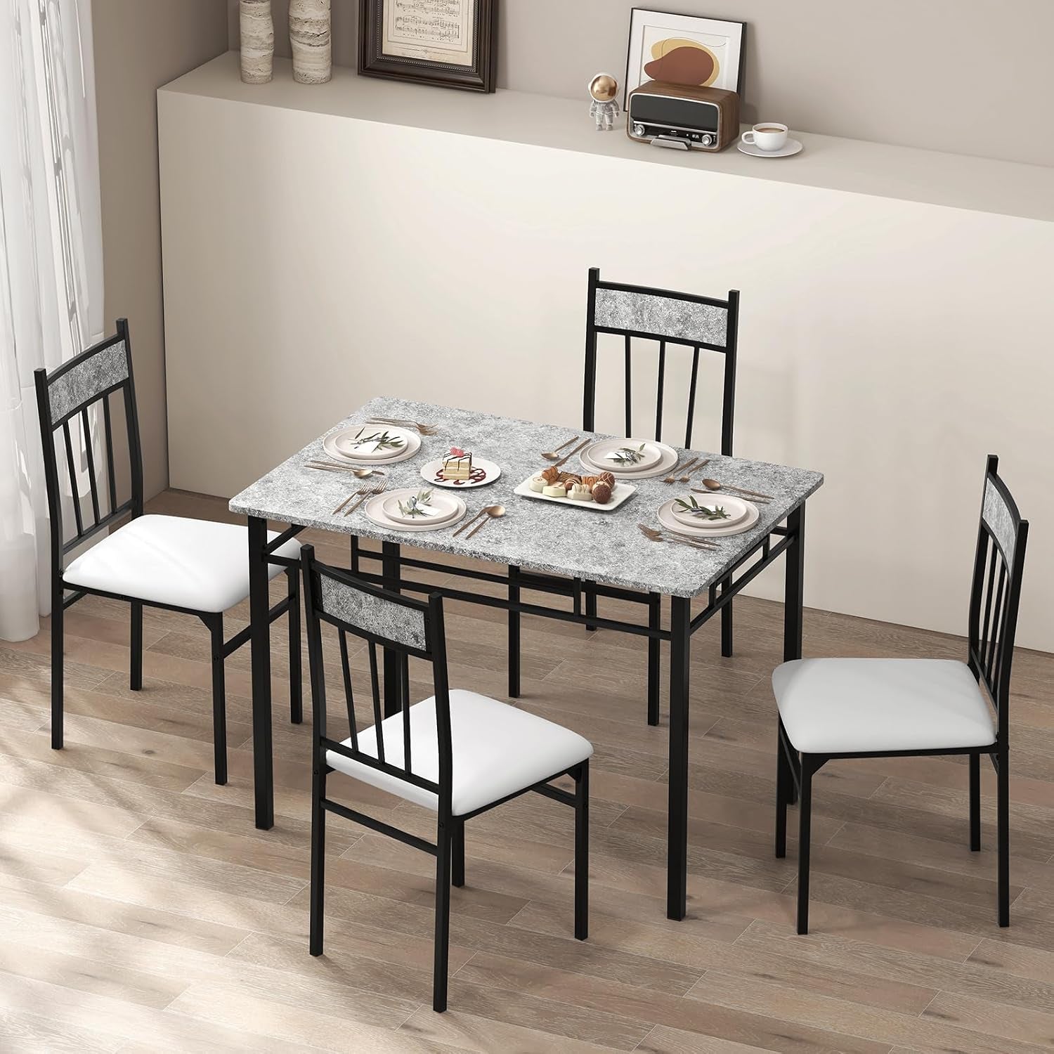 5-Piece Dining Table Set for 4 – Space-Saving Kitchen Table & 4 Padded Chairs with Metal Frame