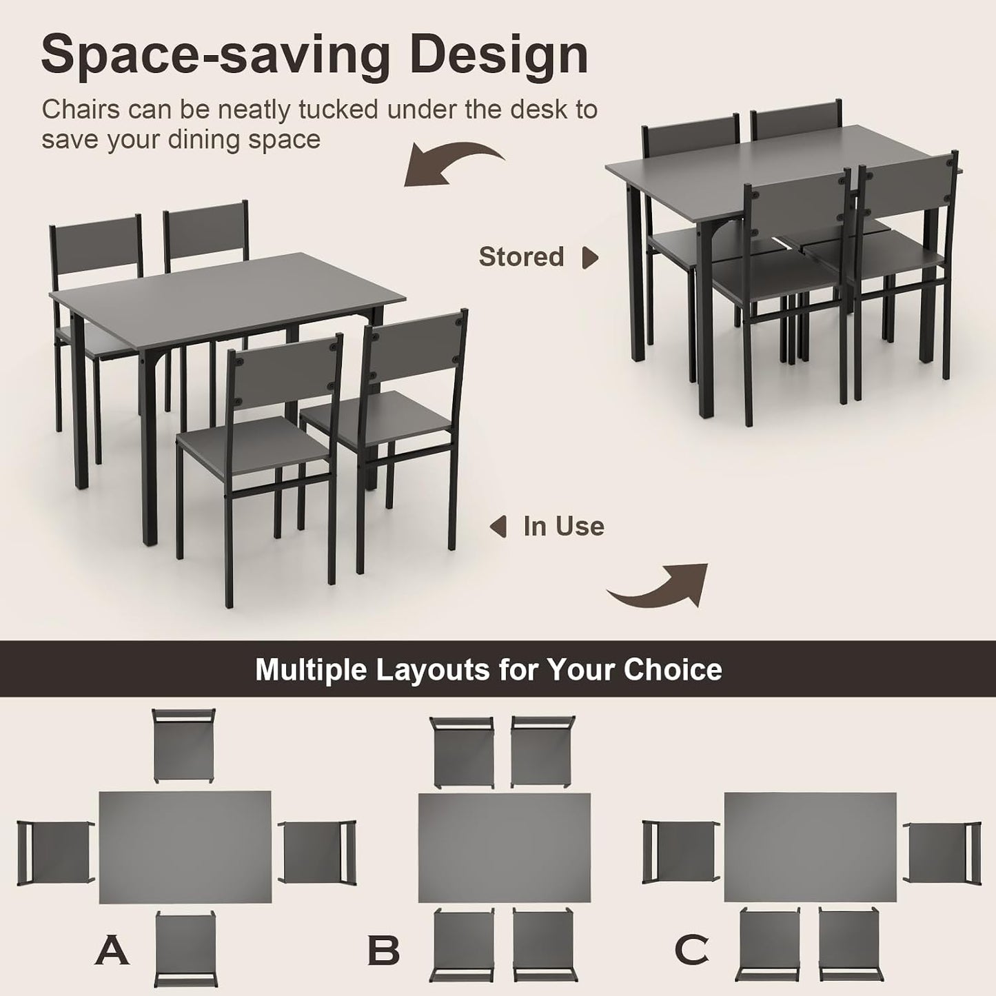 5-Piece Retro Dining Table Set for 4 – Space-Saving Kitchen Table & Chairs with Metal Frame